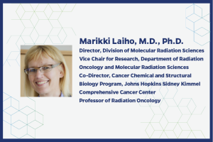 Marikki Laiho, M.D., Ph.D. Director, Division of Molecular Radiation Sciences Vice Chair for Research, Department of Radiation Oncology and Molecular Radiation Sciences Co-Director, Cancer Chemical and Structural Biology Program, Johns Hopkins Sidney Kimmel Comprehensive Cancer Center Professor of Radiation Oncology