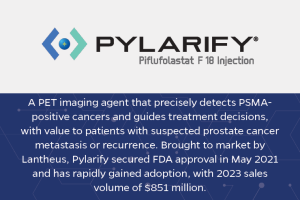 Pylarify: A PET imaging agent that precisely detects PSMA-positive cancers and guides treatment decisions, with value to patients with suspected prostate cancer metastasis or recurrence. Brought to market by Lantheus, Pylarify secured FDA approval in May 2021 and has rapidly gained adoption, with 2023 sales volume of $851 million. 