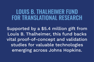 Louis B. Thalheimer Fund for Translational Research Supported by a $5.4 million gift from Louis B. Thalheimer, this fund backs vital proof-of-concept and validation studies for valuable technologies emerging across Johns Hopkins.